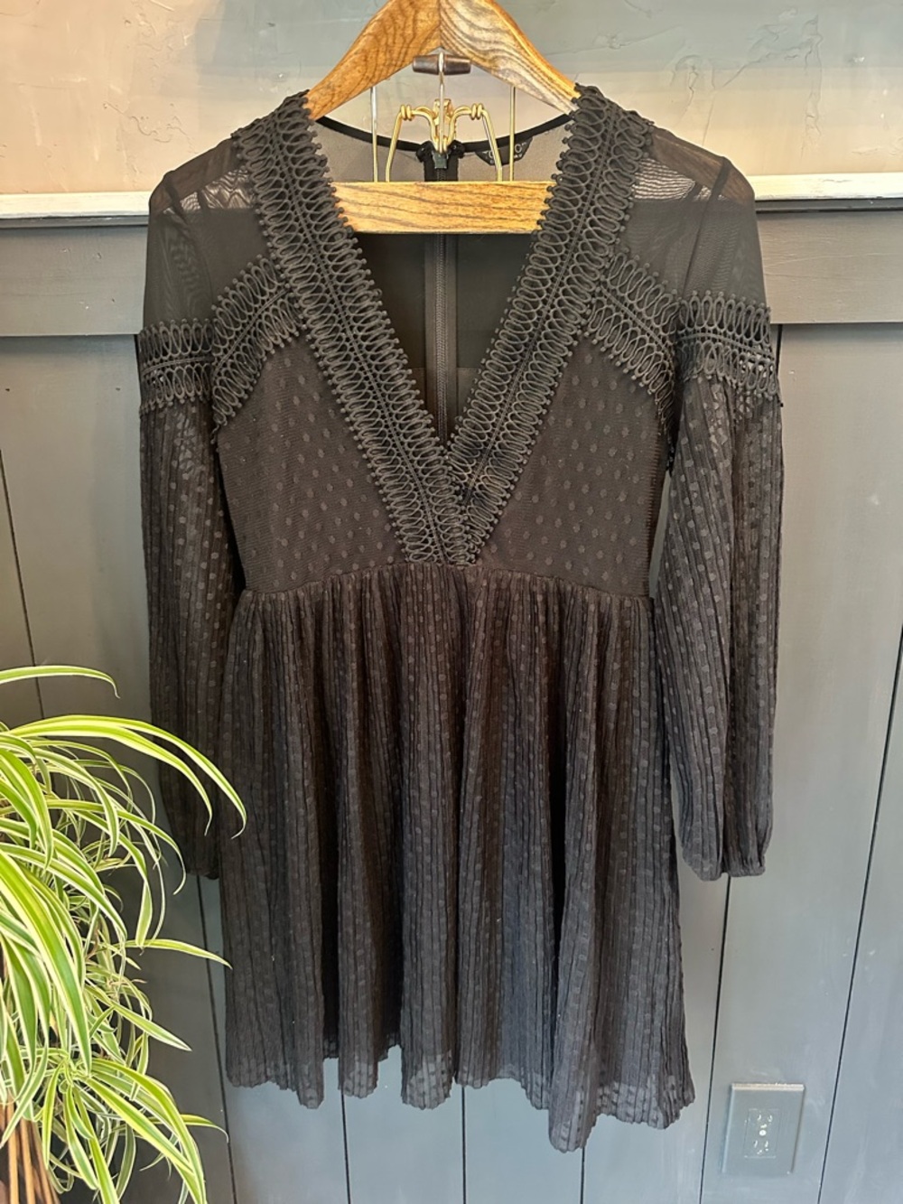 TopShop Women's Black Lace-Trim Polka Dot Long Sleeve V-Neck BabyDoll Dress 8